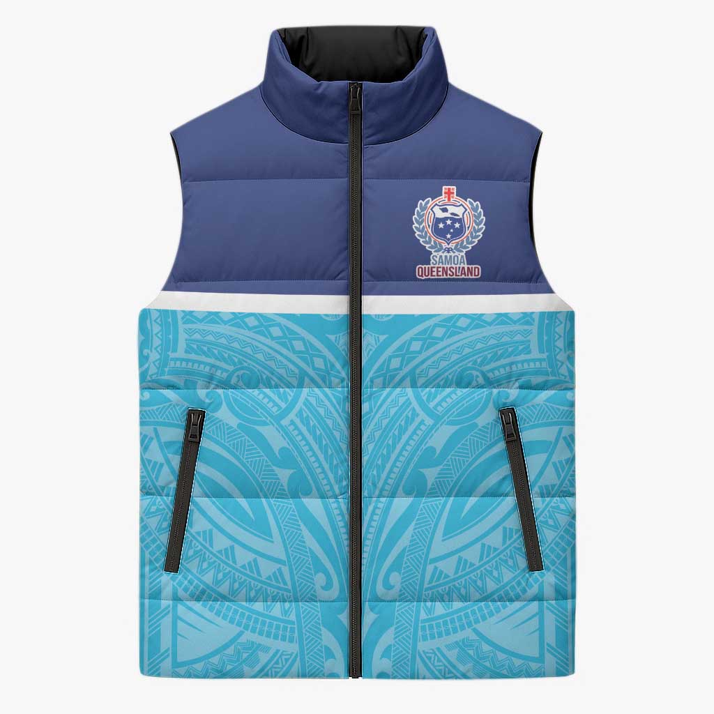 Queensland Samoa Custom Sleeveless Puffer Jacket Blue Pacific Polynesian Tribal Pattern - Aussie Hoodie