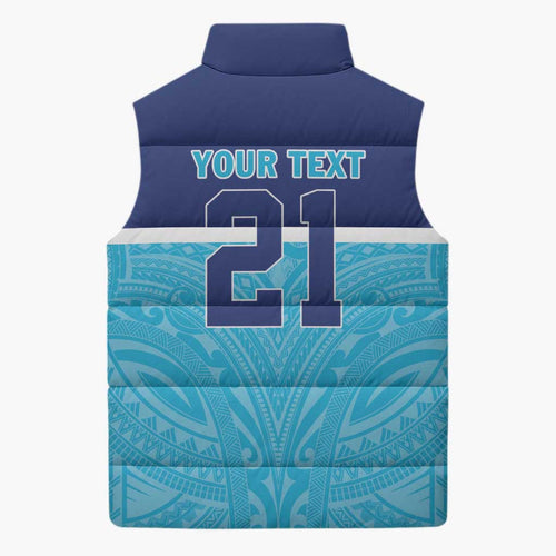 Queensland Samoa Custom Sleeveless Puffer Jacket Blue Pacific Polynesian Tribal Pattern - Aussie Hoodie