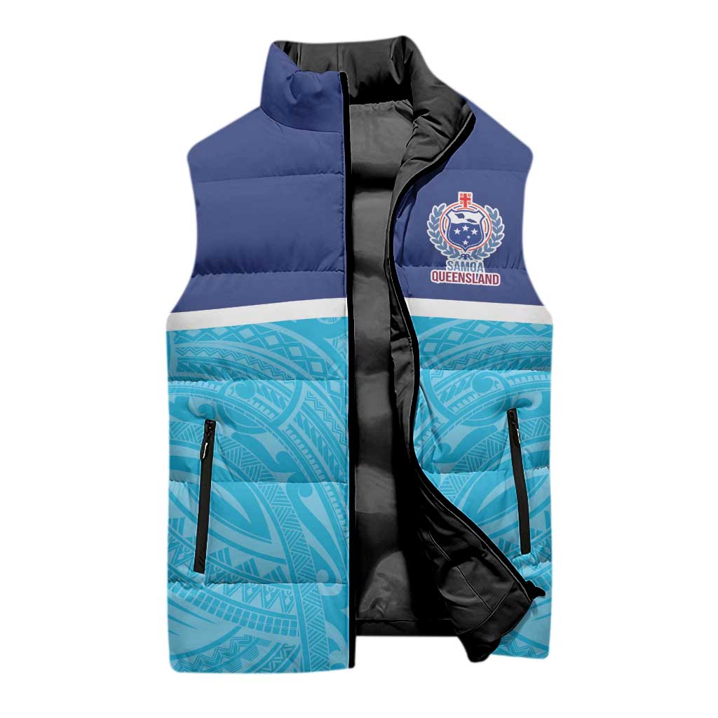 Queensland Samoa Custom Sleeveless Puffer Jacket Blue Pacific Polynesian Tribal Pattern - Aussie Hoodie