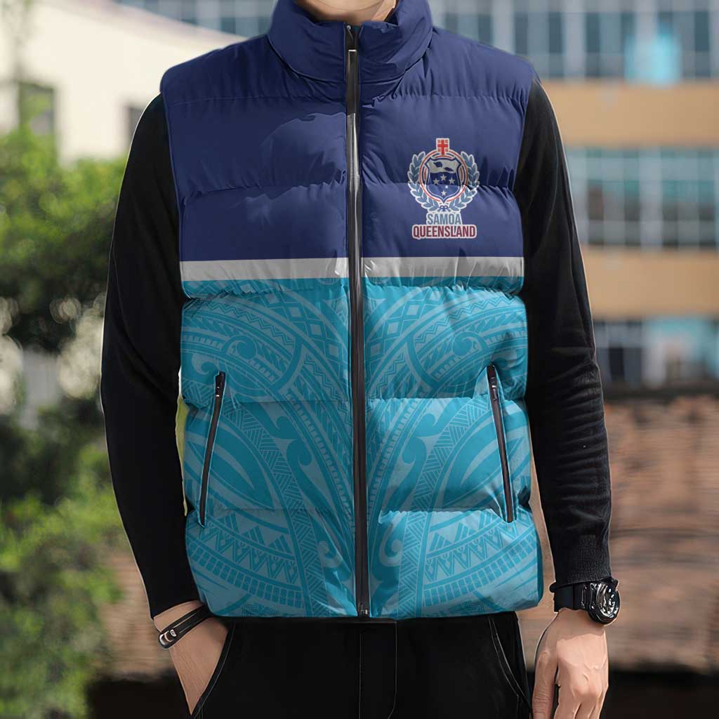 Queensland Samoa Custom Sleeveless Puffer Jacket Blue Pacific Polynesian Tribal Pattern - Aussie Hoodie