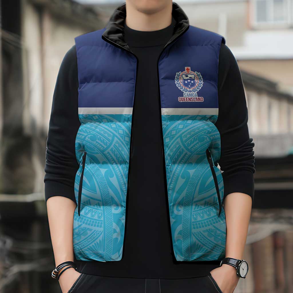 Queensland Samoa Custom Sleeveless Puffer Jacket Blue Pacific Polynesian Tribal Pattern - Aussie Hoodie