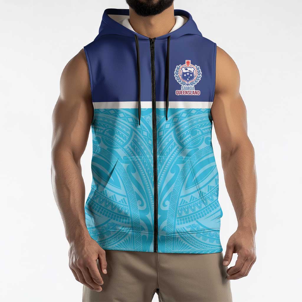 Queensland Samoa Custom Sleeveless Zip Hoodie Blue Pacific Polynesian Tribal Pattern LT9