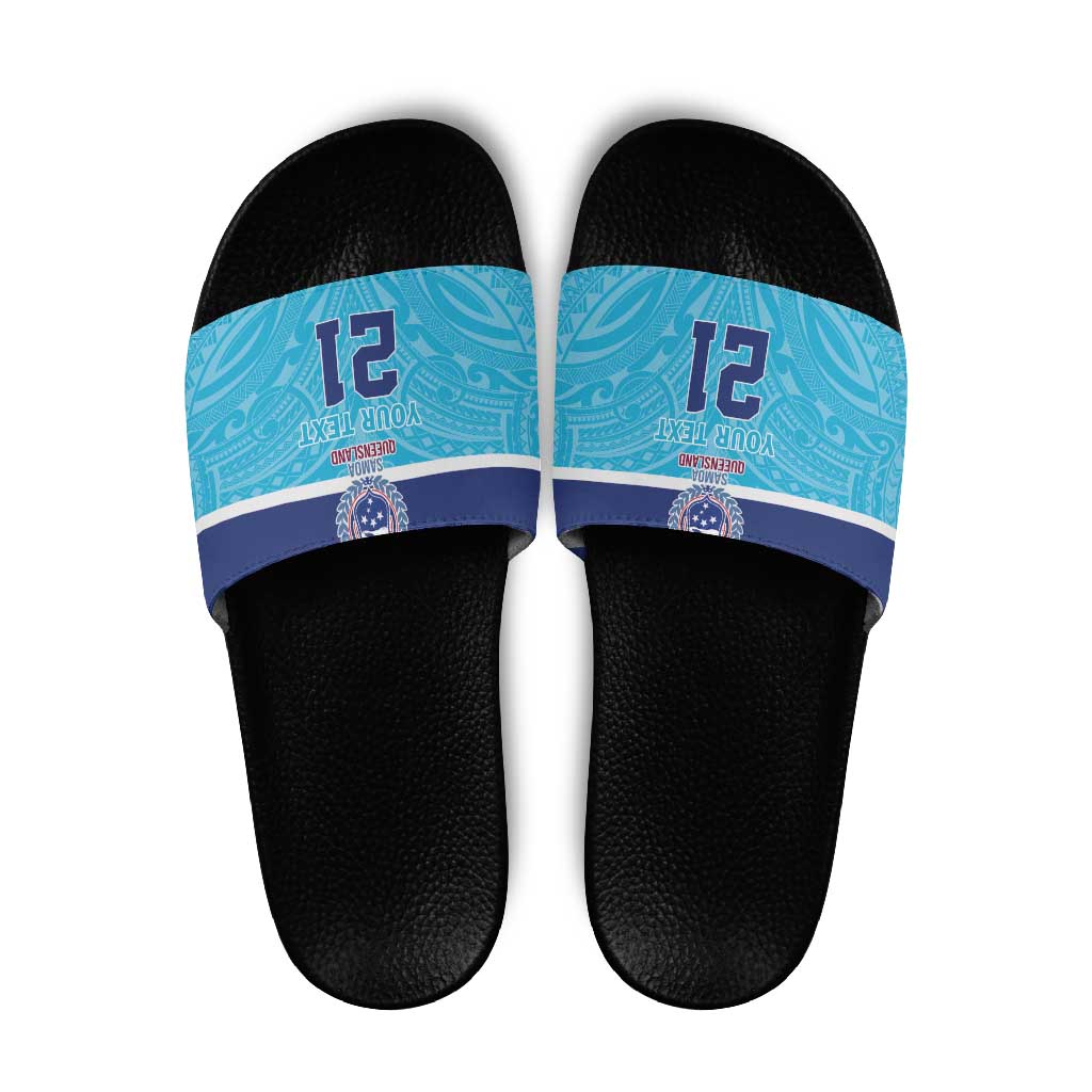 Queensland Samoa Custom Slide Sandals Blue Pacific Polynesian Tribal Pattern - Aussie Hoodie