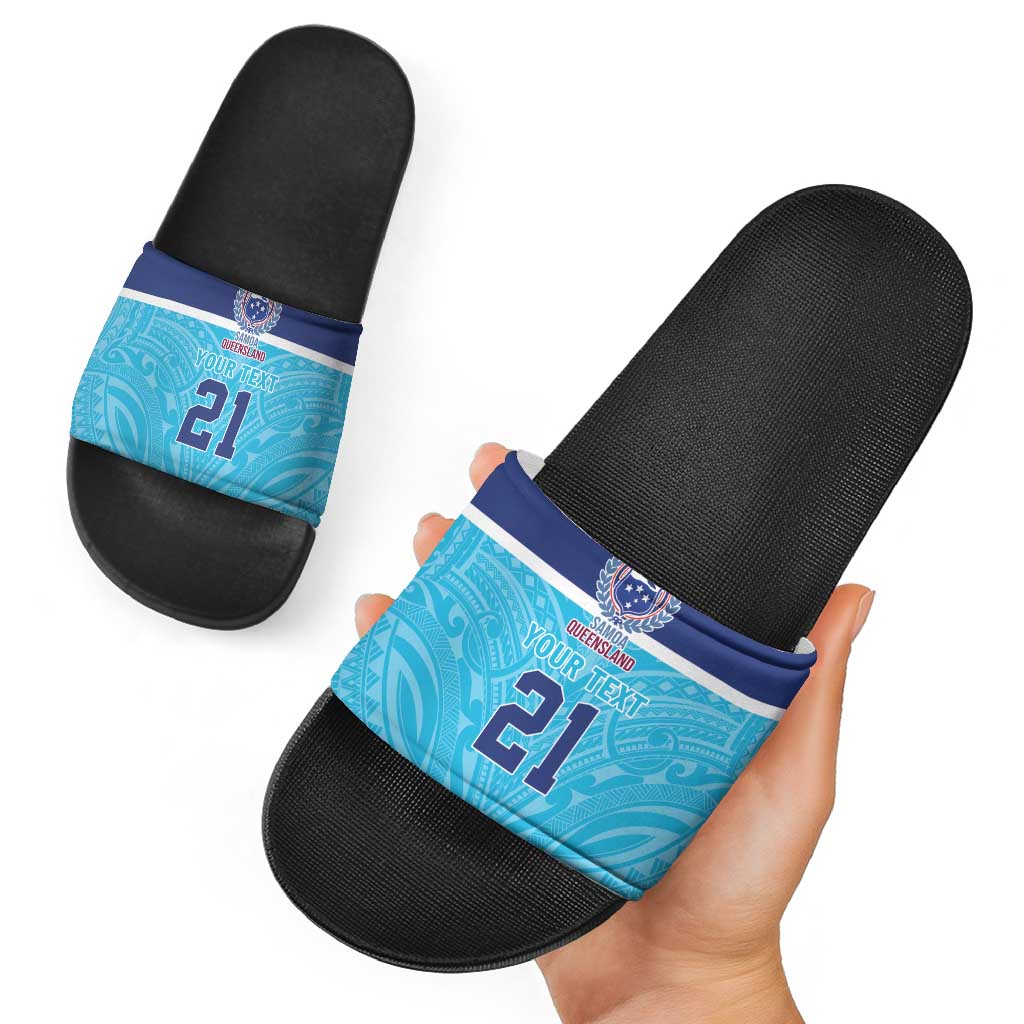 Queensland Samoa Custom Slide Sandals Blue Pacific Polynesian Tribal Pattern - Aussie Hoodie