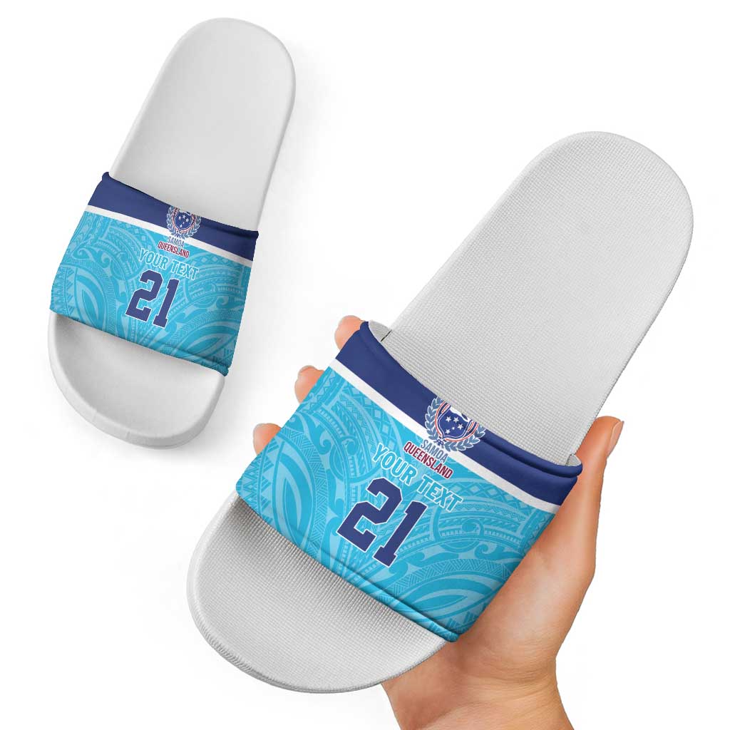 Queensland Samoa Custom Slide Sandals Blue Pacific Polynesian Tribal Pattern - Aussie Hoodie