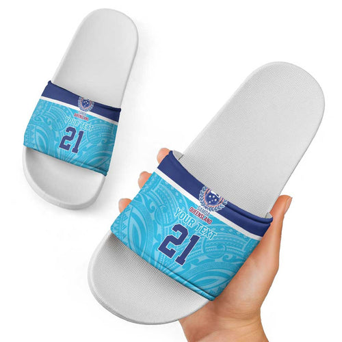 Queensland Samoa Custom Slide Sandals Blue Pacific Polynesian Tribal Pattern - Aussie Hoodie