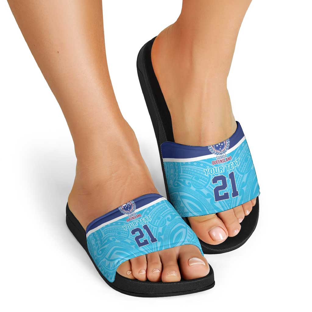 Queensland Samoa Custom Slide Sandals Blue Pacific Polynesian Tribal Pattern - Aussie Hoodie