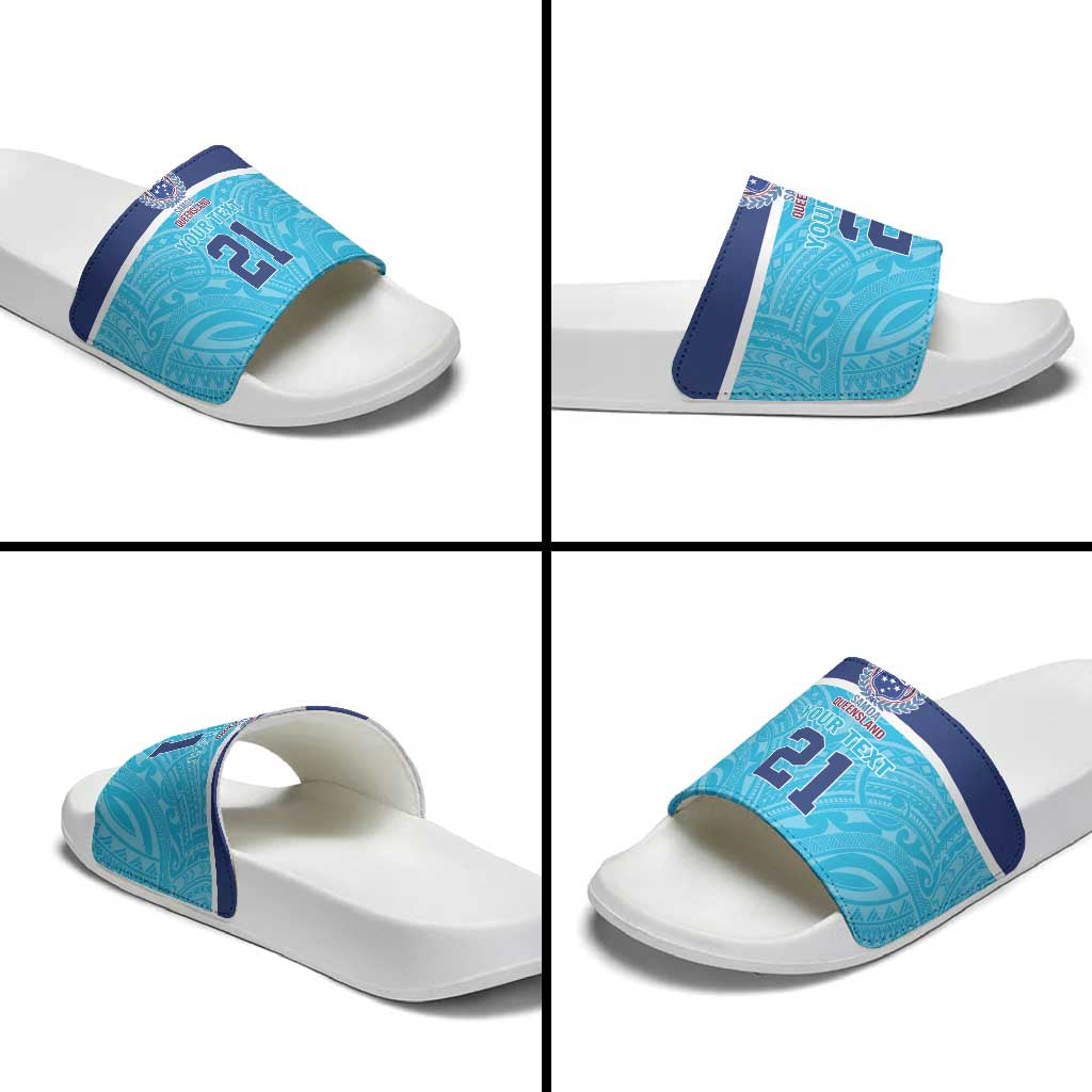 Queensland Samoa Custom Slide Sandals Blue Pacific Polynesian Tribal Pattern - Aussie Hoodie