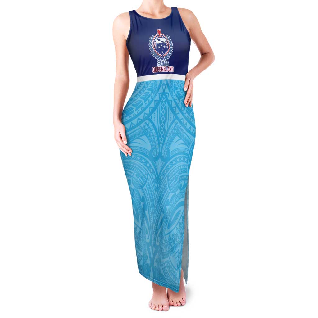 Queensland Samoa Custom Tank Maxi Dress Blue Pacific Polynesian Tribal Pattern