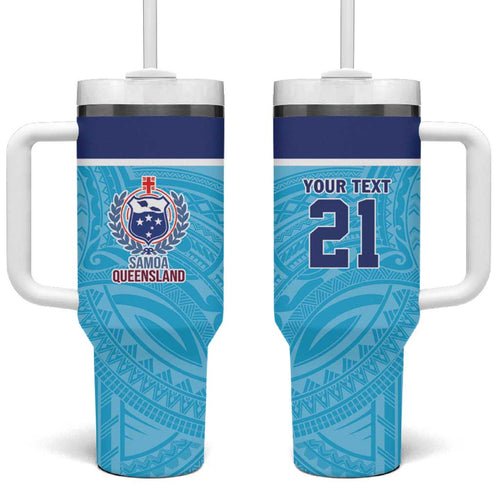 Queensland Samoa Custom Tumbler With Handle Blue Pacific Polynesian Tribal Pattern
