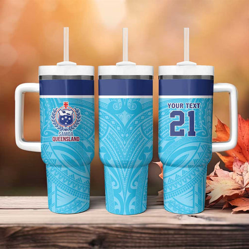 Queensland Samoa Custom Tumbler With Handle Blue Pacific Polynesian Tribal Pattern