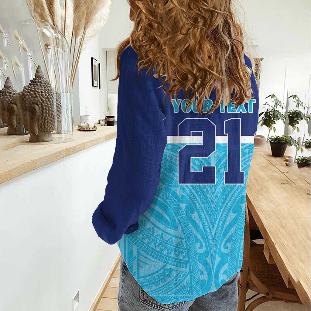 Queensland Samoa Custom Women Casual Shirt Blue Pacific Polynesian Tribal Pattern