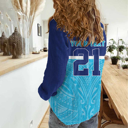 Queensland Samoa Custom Women Casual Shirt Blue Pacific Polynesian Tribal Pattern