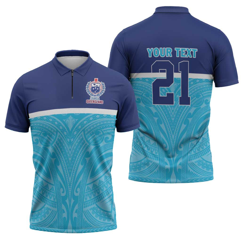 Queensland Samoa Custom Zipper Polo Shirt Blue Pacific Polynesian Tribal Pattern - Aussie Hoodie
