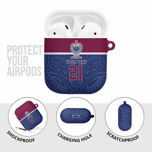 Queensland Samoa Custom AirPods Case Maroon-Blue Pacific Polynesian Tribal Pattern - Aussie Hoodie