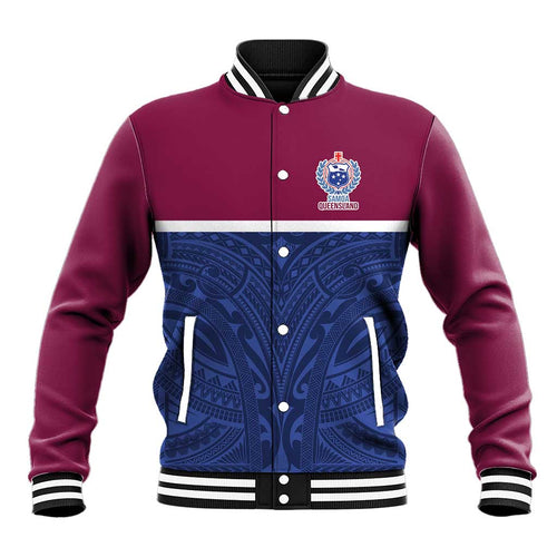 Queensland Samoa Custom Baseball Jacket Maroon-Blue Pacific Polynesian Tribal Pattern