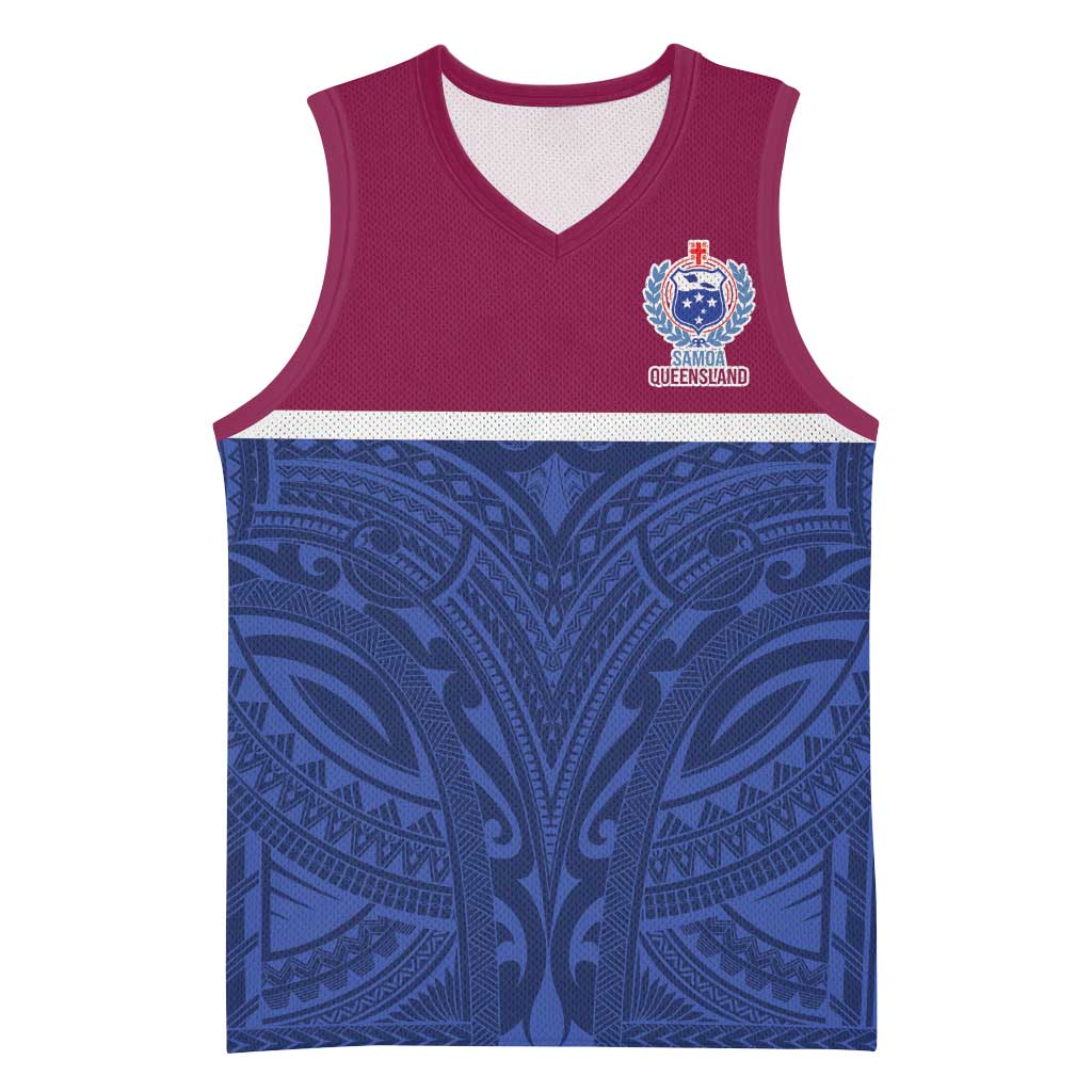 Queensland Samoa Custom Basketball Jersey Maroon-Blue Pacific Polynesian Tribal Pattern - Aussie Hoodie
