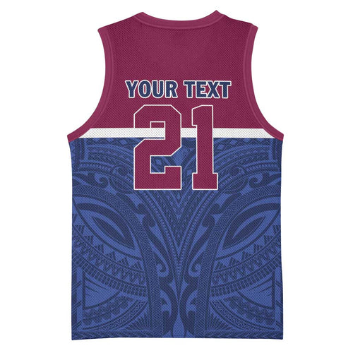 Queensland Samoa Custom Basketball Jersey Maroon-Blue Pacific Polynesian Tribal Pattern - Aussie Hoodie