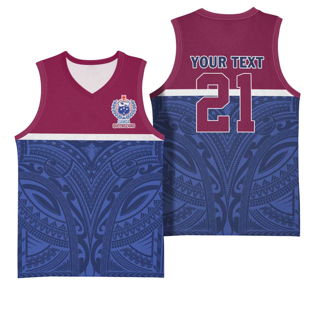 Queensland Samoa Custom Basketball Jersey Maroon-Blue Pacific Polynesian Tribal Pattern - Aussie Hoodie