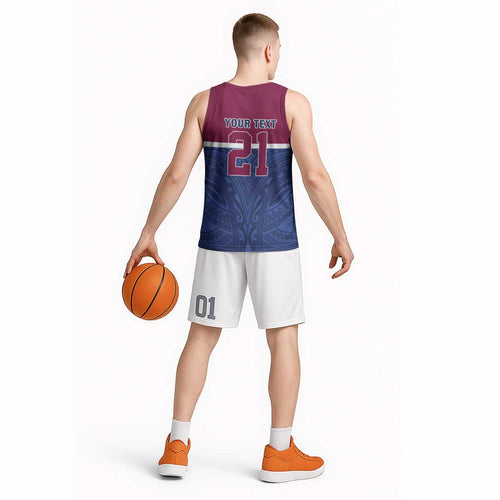 Queensland Samoa Custom Basketball Jersey Maroon-Blue Pacific Polynesian Tribal Pattern - Aussie Hoodie