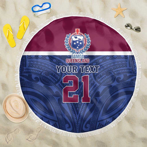Queensland Samoa Custom Beach Blanket Maroon-Blue Pacific Polynesian Tribal Pattern