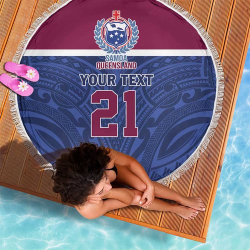 Queensland Samoa Custom Beach Blanket Maroon-Blue Pacific Polynesian Tribal Pattern