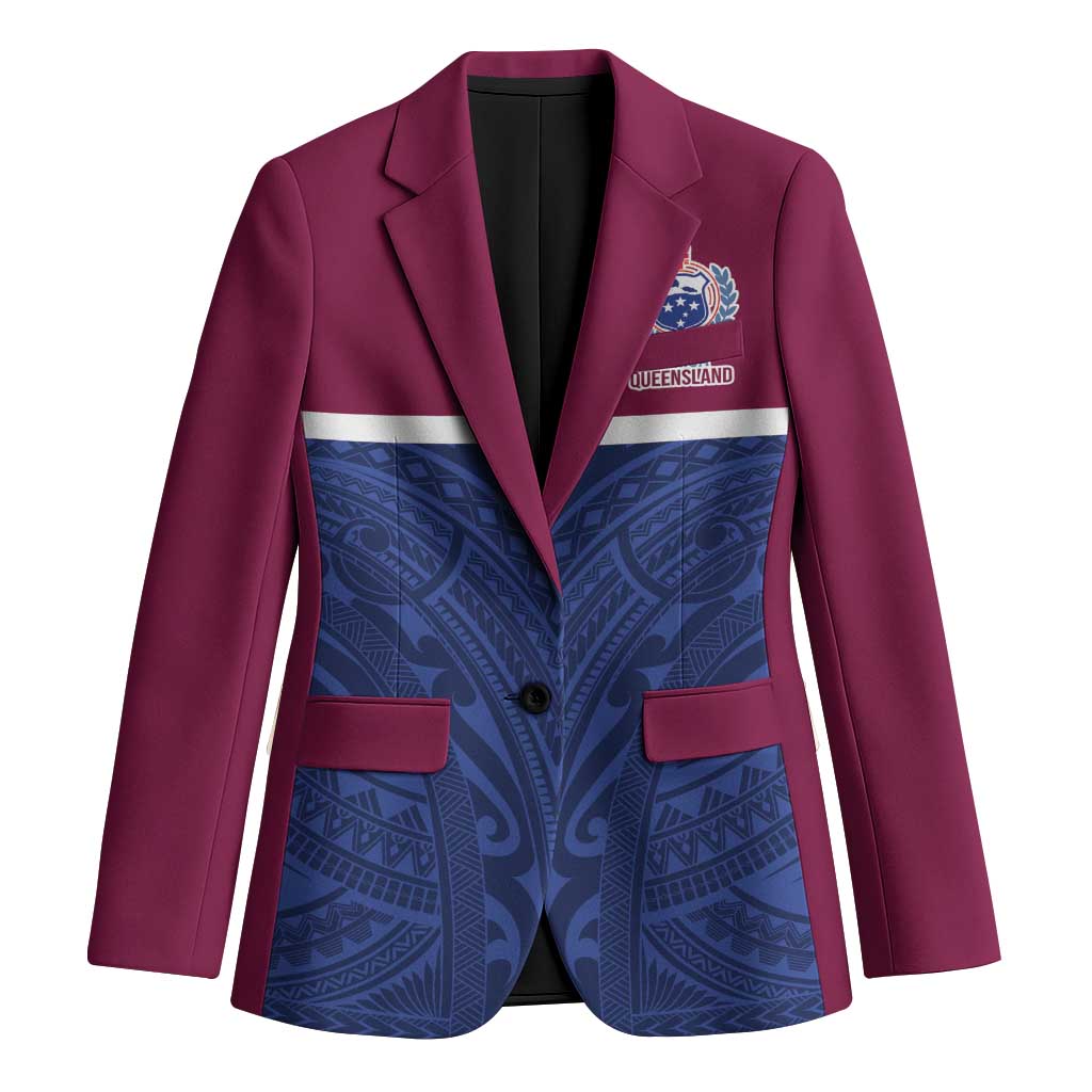 Queensland Samoa Custom Blazer Maroon-Blue Pacific Polynesian Tribal Pattern - Aussie Hoodie