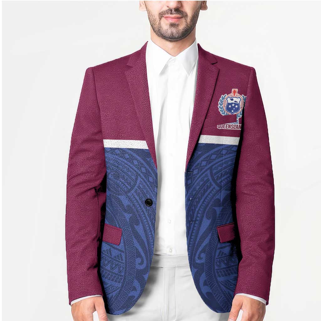 Queensland Samoa Custom Blazer Maroon-Blue Pacific Polynesian Tribal Pattern - Aussie Hoodie