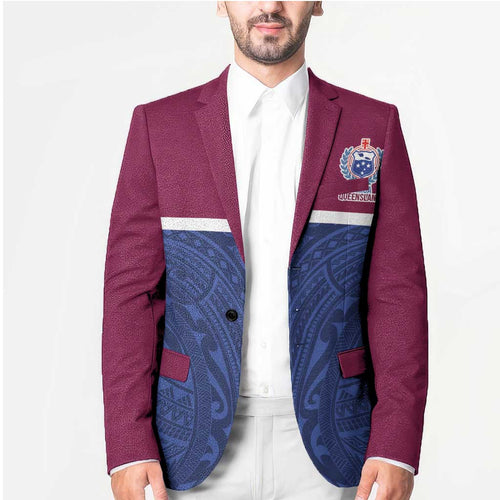 Queensland Samoa Custom Blazer Maroon-Blue Pacific Polynesian Tribal Pattern - Aussie Hoodie