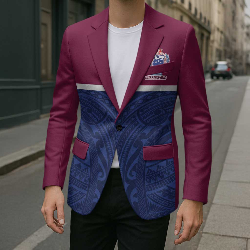 Queensland Samoa Custom Blazer Maroon-Blue Pacific Polynesian Tribal Pattern - Aussie Hoodie