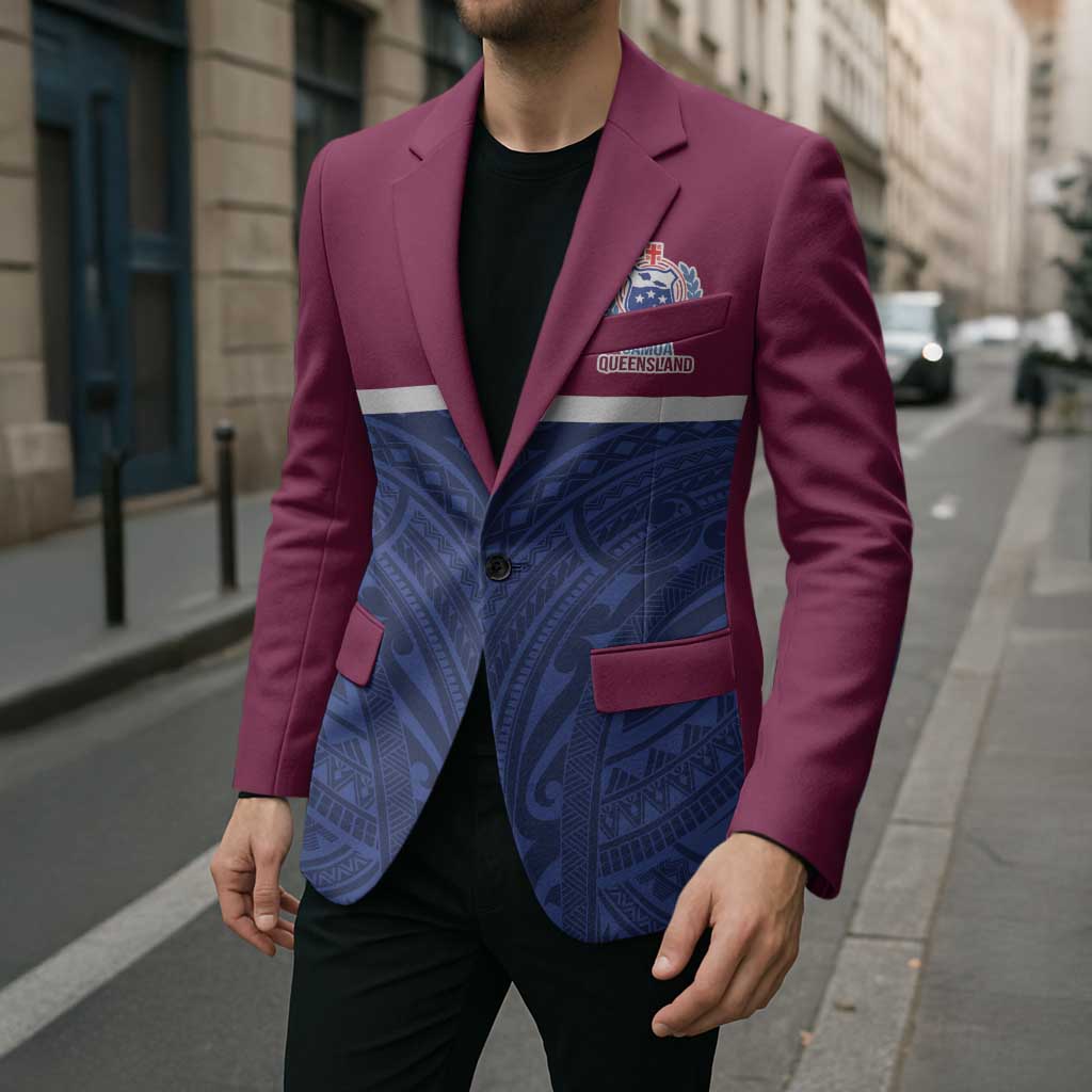 Queensland Samoa Custom Blazer Maroon-Blue Pacific Polynesian Tribal Pattern - Aussie Hoodie
