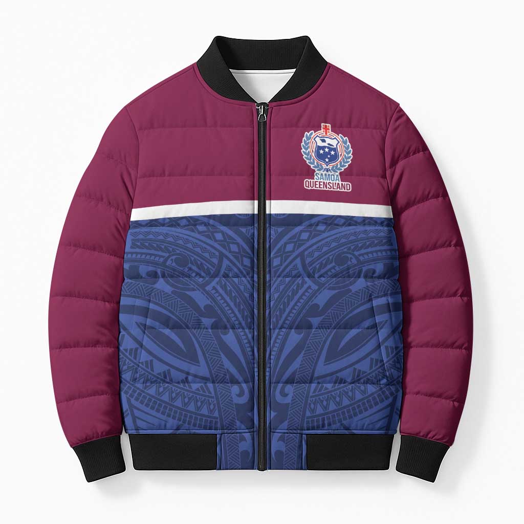 Queensland Samoa Custom Bomber Puffer Jacket Maroon-Blue Pacific Polynesian Tribal Pattern - Aussie Hoodie