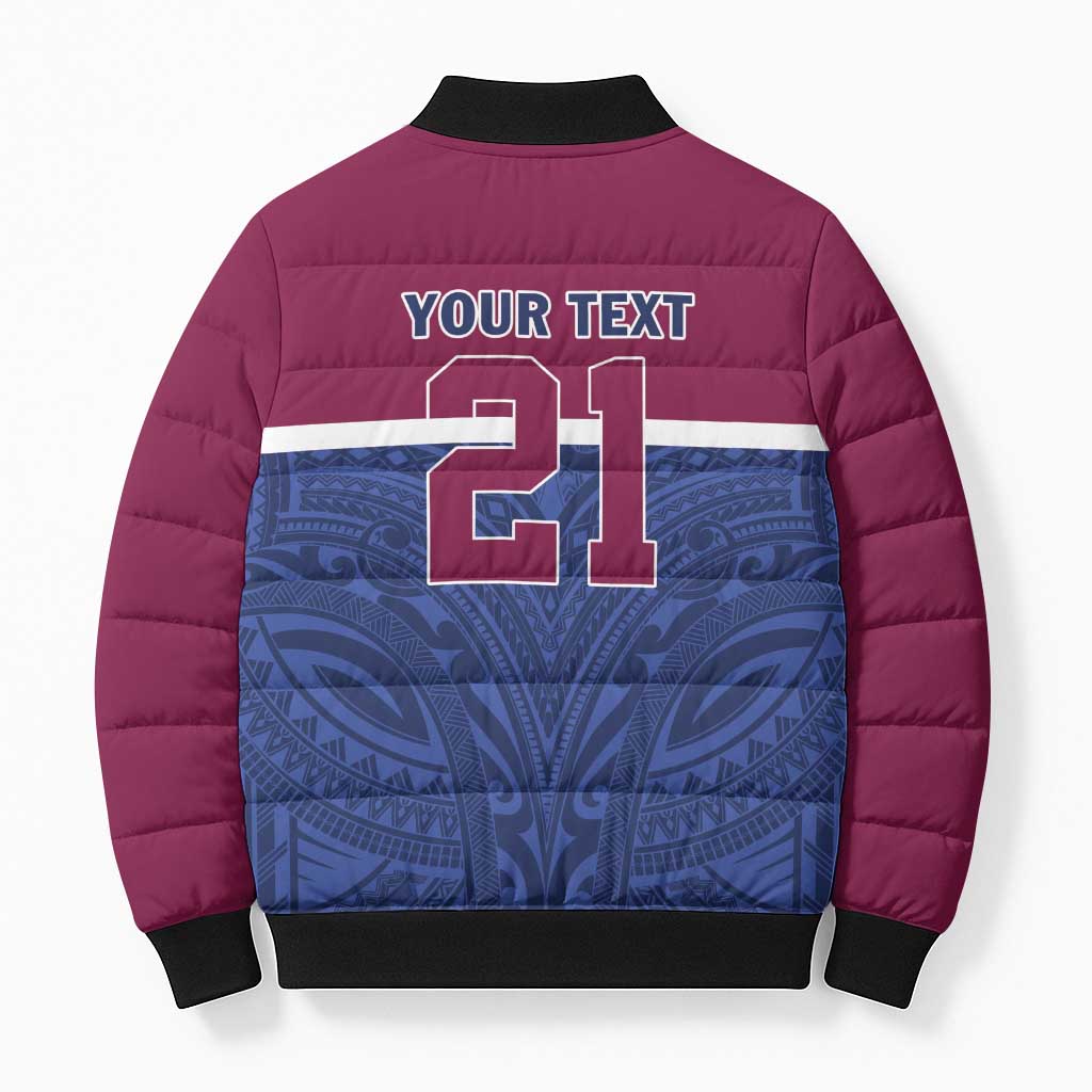 Queensland Samoa Custom Bomber Puffer Jacket Maroon-Blue Pacific Polynesian Tribal Pattern - Aussie Hoodie