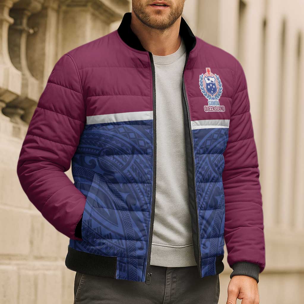 Queensland Samoa Custom Bomber Puffer Jacket Maroon-Blue Pacific Polynesian Tribal Pattern - Aussie Hoodie