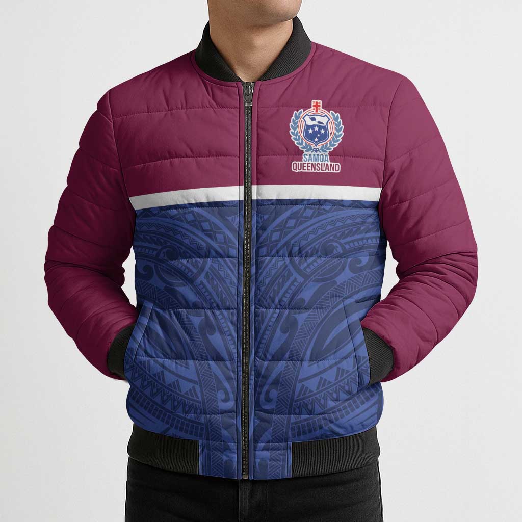 Queensland Samoa Custom Bomber Puffer Jacket Maroon-Blue Pacific Polynesian Tribal Pattern - Aussie Hoodie