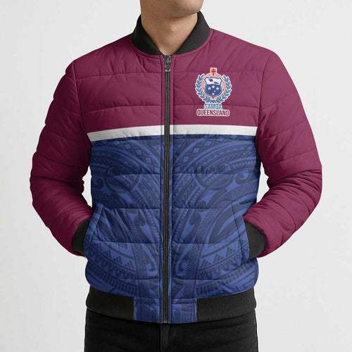 Queensland Samoa Custom Bomber Puffer Jacket Maroon-Blue Pacific Polynesian Tribal Pattern - Aussie Hoodie