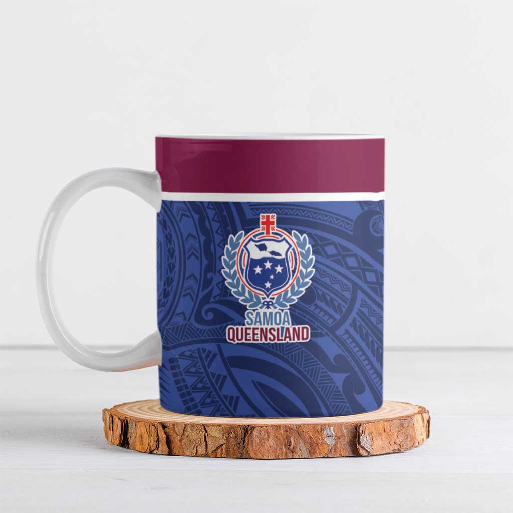 Queensland Samoa Custom Ceramic Mug Maroon-Blue Pacific Polynesian Tribal Pattern - Aussie Hoodie