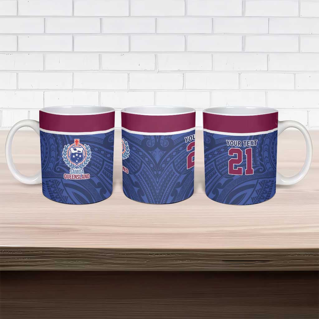 Queensland Samoa Custom Ceramic Mug Maroon-Blue Pacific Polynesian Tribal Pattern - Aussie Hoodie