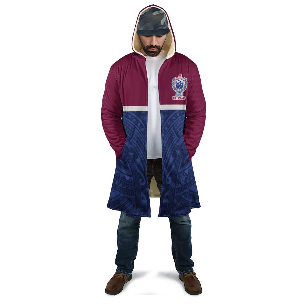 Queensland Samoa Custom Cloak Maroon-Blue Pacific Polynesian Tribal Pattern - Aussie Hoodie