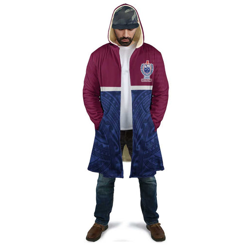 Queensland Samoa Custom Cloak Maroon-Blue Pacific Polynesian Tribal Pattern - Aussie Hoodie