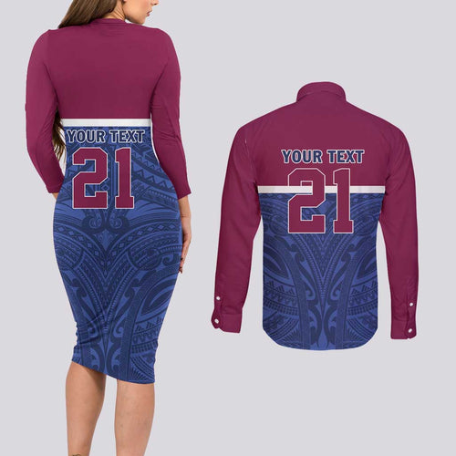 Queensland Samoa Custom Couples Matching Long Sleeve Bodycon Dress and Long Sleeve Button Shirt Maroon-Blue Pacific Polynesian Tribal Pattern