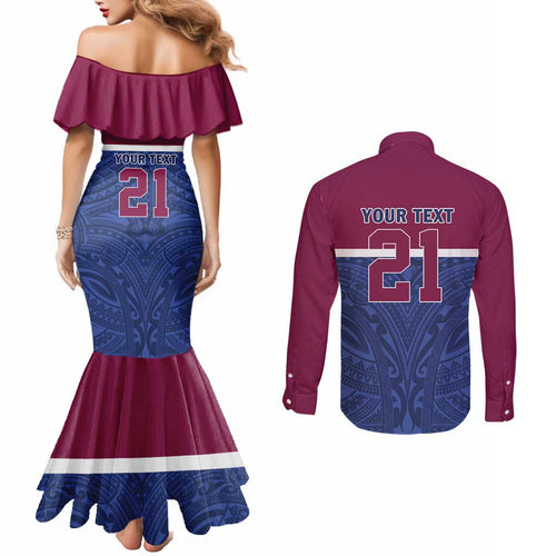 Queensland Samoa Custom Couples Matching Mermaid Dress and Long Sleeve Button Shirt Maroon-Blue Pacific Polynesian Tribal Pattern