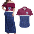 Queensland Samoa Custom Couples Matching Off Shoulder Maxi Dress and Hawaiian Shirt Maroon-Blue Pacific Polynesian Tribal Pattern