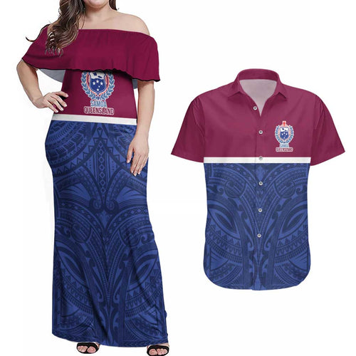 Queensland Samoa Custom Couples Matching Off Shoulder Maxi Dress and Hawaiian Shirt Maroon-Blue Pacific Polynesian Tribal Pattern