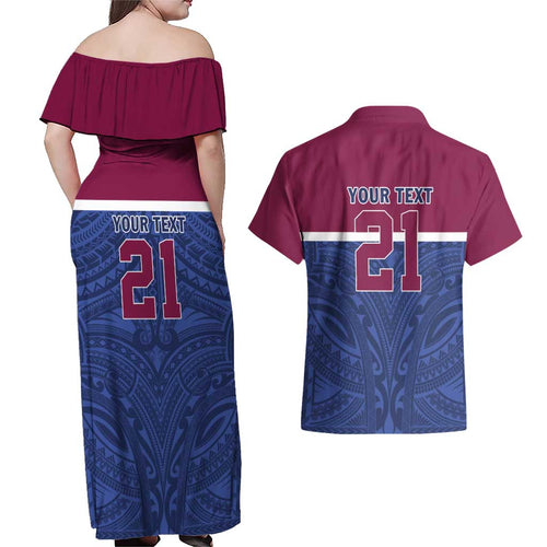 Queensland Samoa Custom Couples Matching Off Shoulder Maxi Dress and Hawaiian Shirt Maroon-Blue Pacific Polynesian Tribal Pattern