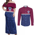 Queensland Samoa Custom Couples Matching Off Shoulder Maxi Dress and Long Sleeve Button Shirt Maroon-Blue Pacific Polynesian Tribal Pattern