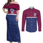 Queensland Samoa Custom Couples Matching Off Shoulder Maxi Dress and Long Sleeve Button Shirt Maroon-Blue Pacific Polynesian Tribal Pattern