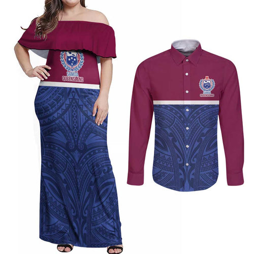 Queensland Samoa Custom Couples Matching Off Shoulder Maxi Dress and Long Sleeve Button Shirt Maroon-Blue Pacific Polynesian Tribal Pattern