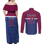 Queensland Samoa Custom Couples Matching Off Shoulder Maxi Dress and Long Sleeve Button Shirt Maroon-Blue Pacific Polynesian Tribal Pattern
