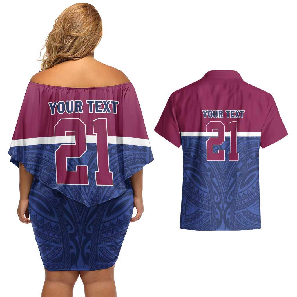 Queensland Samoa Custom Couples Matching Off Shoulder Short Dress and Hawaiian Shirt Maroon-Blue Pacific Polynesian Tribal Pattern